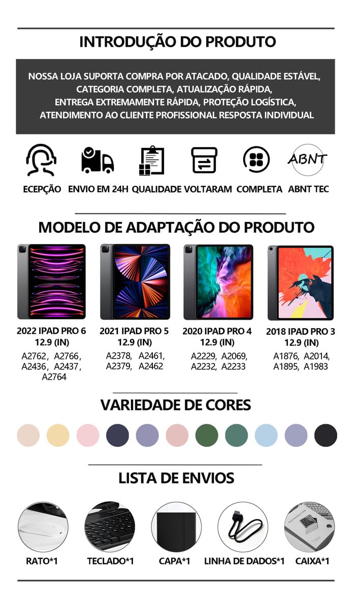 Capa Tablet Com Magnética e Removível Teclado e Mouse Bluetooth, Capa Para iPad Pro 12.9 Polegadas (Roxo) - Imagem 9