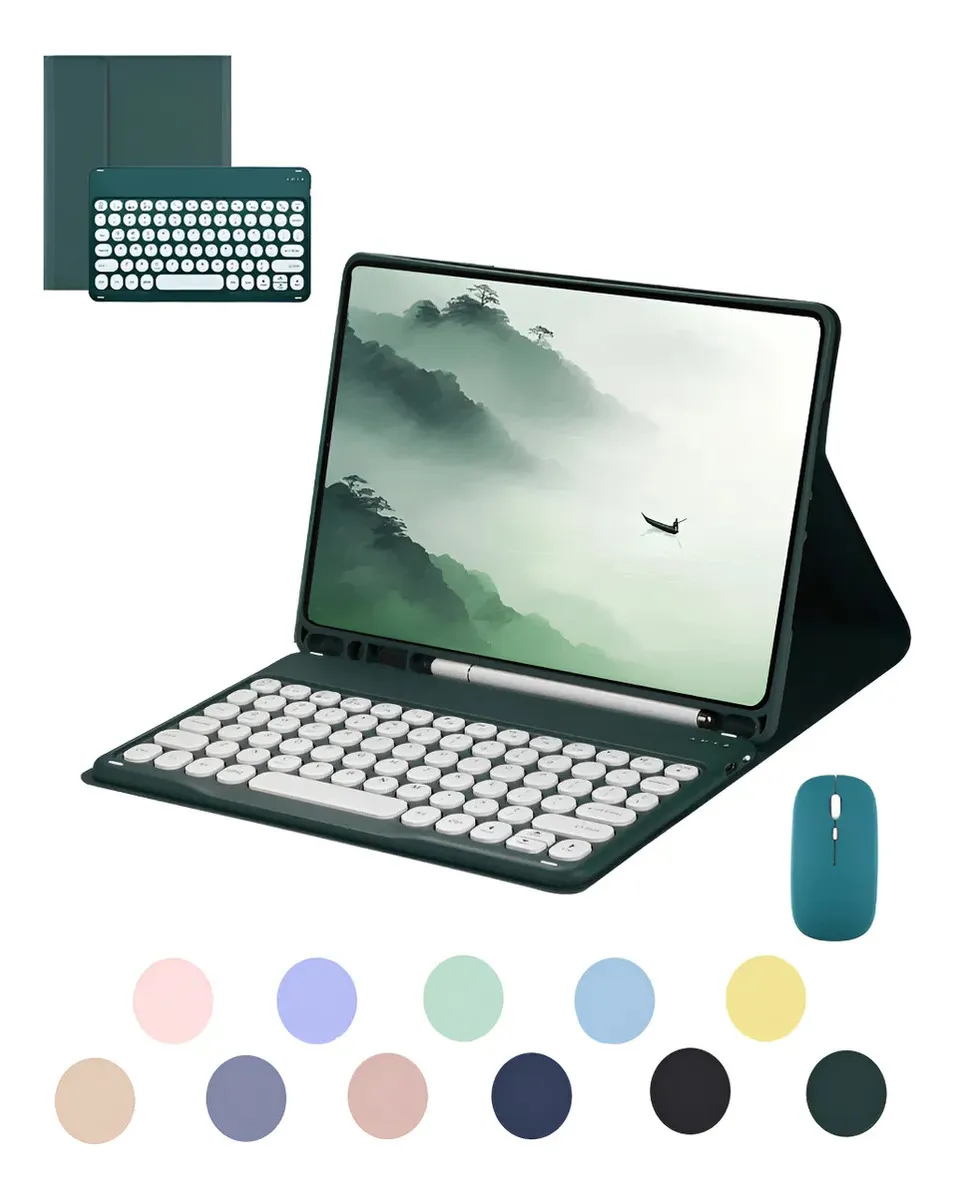 Capa Para iPad Geração 9/8/7 Com Teclado E Mouse Redondo Cor Verde Escuro +round Cap Keyboard+mouse - Imagem 2