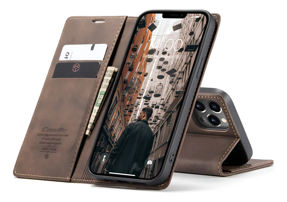 Capa Carteira Celular Magnética Flip De Couro Para iPhone 15