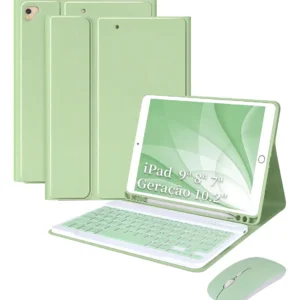Capa para tablet com teclado e mouse para iPad 10,2'' 9ª, 8ª e 7ª geração Cor Verde Teclado Verde Mouse Verde recarregável