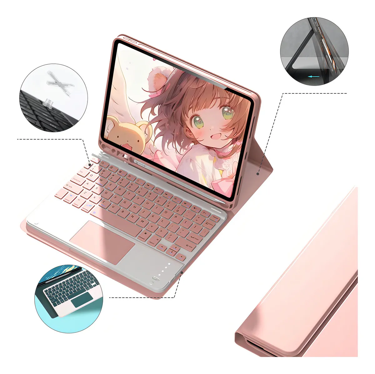 Capa Para iPad 9ª/8ª/7ªgeração A2602 A2603 Com Teclado Touch Cor Rosa + Teclado Touchpad