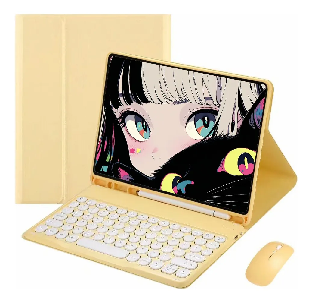 Capa Para iPad Geração 9/8/7 Com Teclado E Mouse Redondo Cor Tartrazina capa redonda teclado mouse - Imagem 2