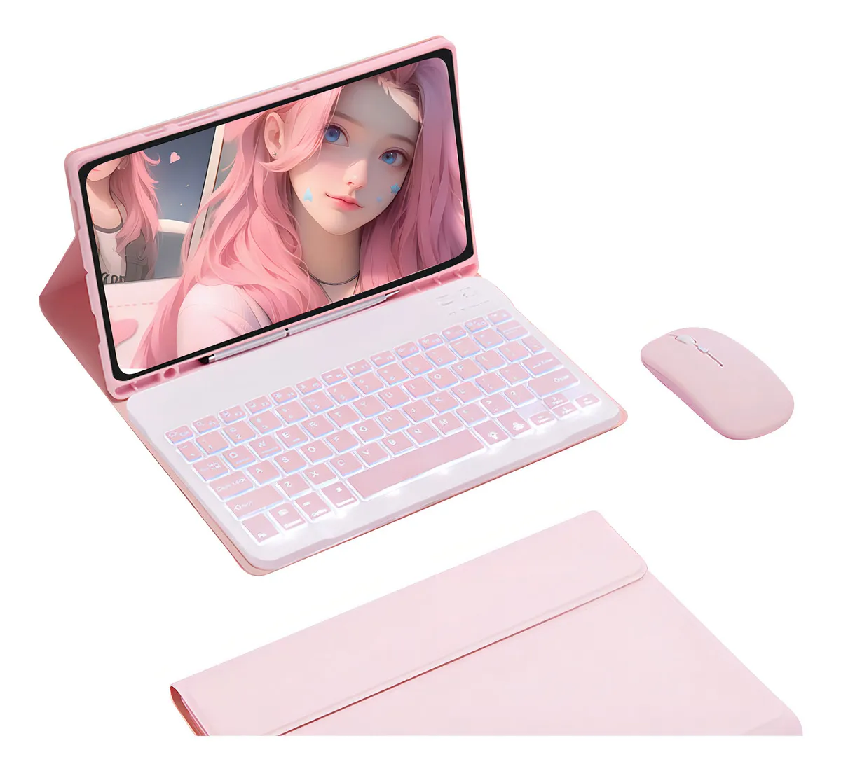 Teclado Luminoso Mouse Capa de Couro para Tab S6 Lite Cor Rosa teclado Iluminado rato
