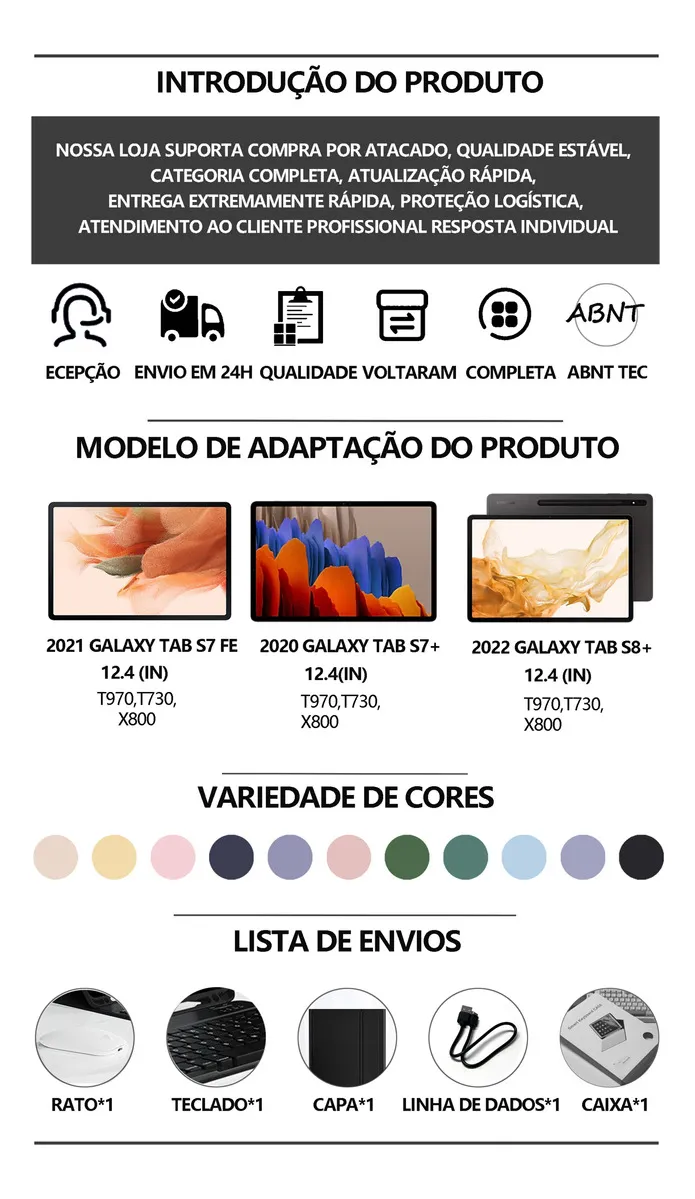 12.4pol Teclado Com Capa Mouse Para Samsung Tab S10+/s9fe+ - Imagem 10