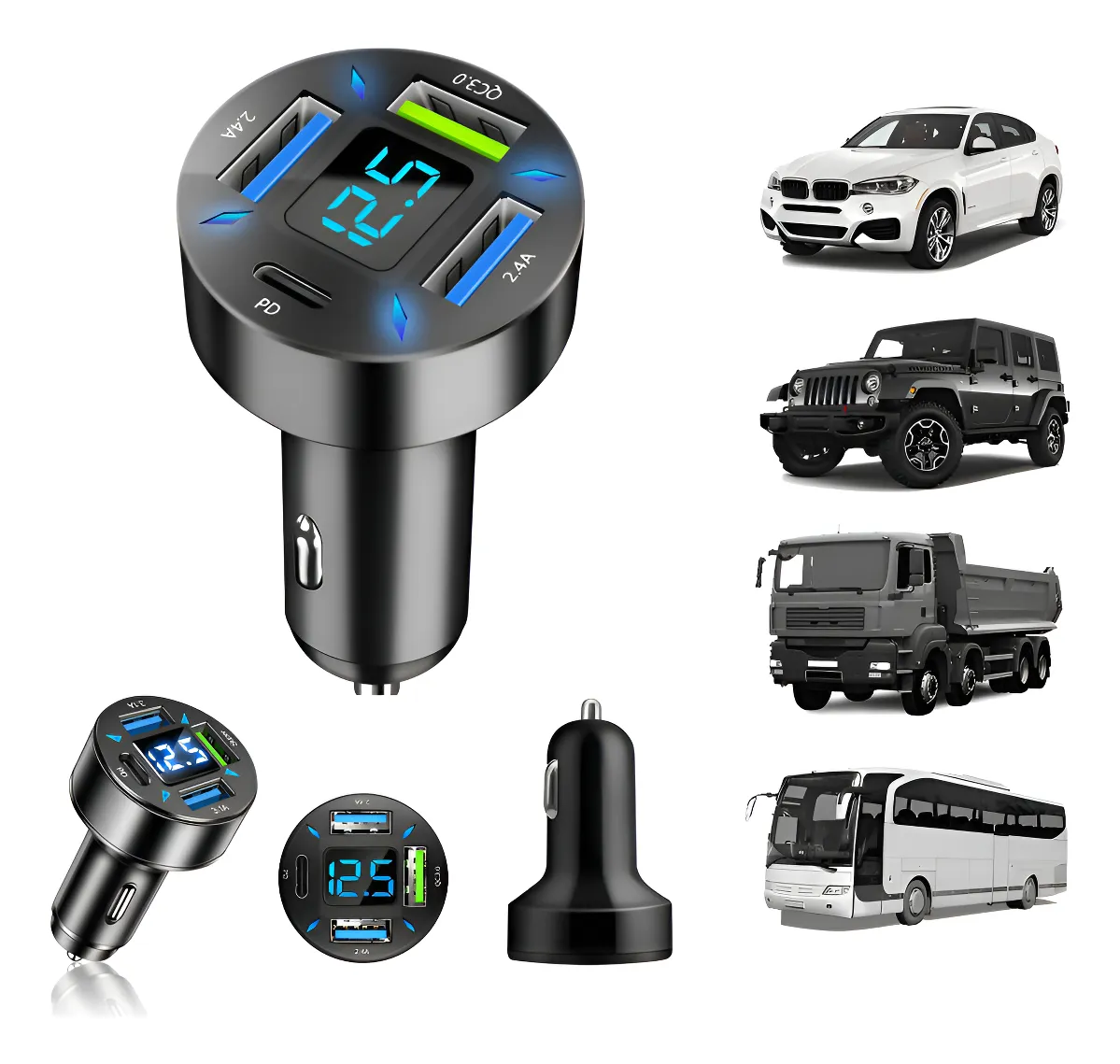 Carregador para Carro/Caminhão Tomada 3USB PD 66W 12-24V