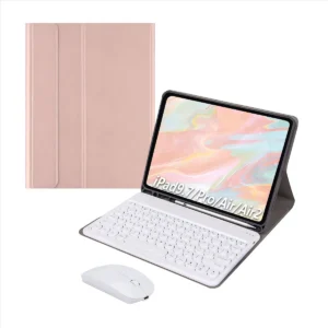 Teclado Redondo   Mouse   Capa Para iPad 6/5//air/air2 Cor Ouro Rosa   Teclado Redondo   Mouse