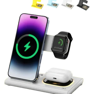 Base Carregadora por Indução 3 em 1 para Celulares, Fones e Relógio