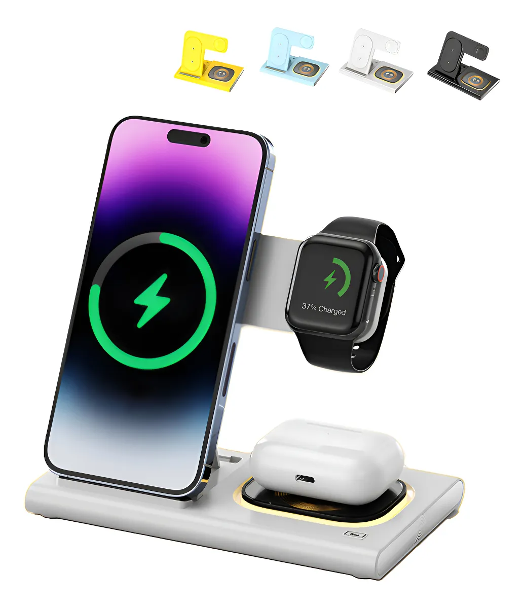 Base Carregadora por Indução 3 em 1 para Celulares, Fones e Relógio