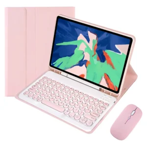 Capa Para iPad Geração 9/8/7 Com Teclado E Mouse Redondo Cor Rosa + Round Keycap Teclado + Mouse