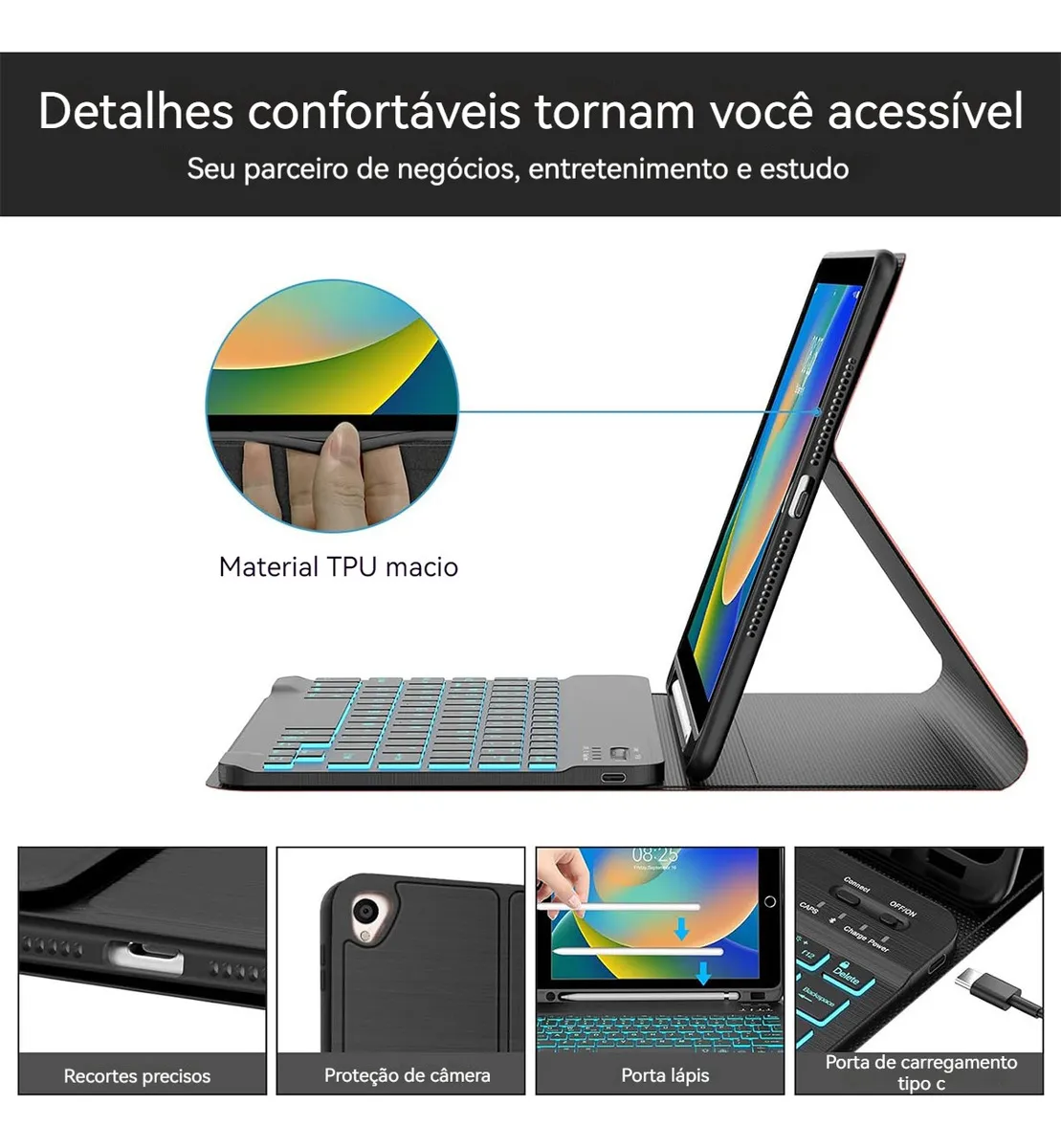Retroiluminados Teclado+mouse+capa Para iPad 9ª/8ª/7ª - Imagem 6