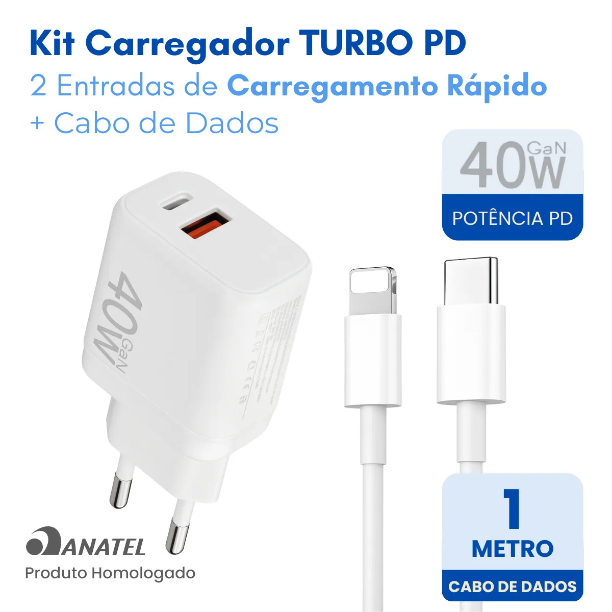 Carregador Turbo 40w Compativel Com iPhone 8 X Xr 11 12 13 14 Pro Max Usb Tipo C Duplo - Imagem 3