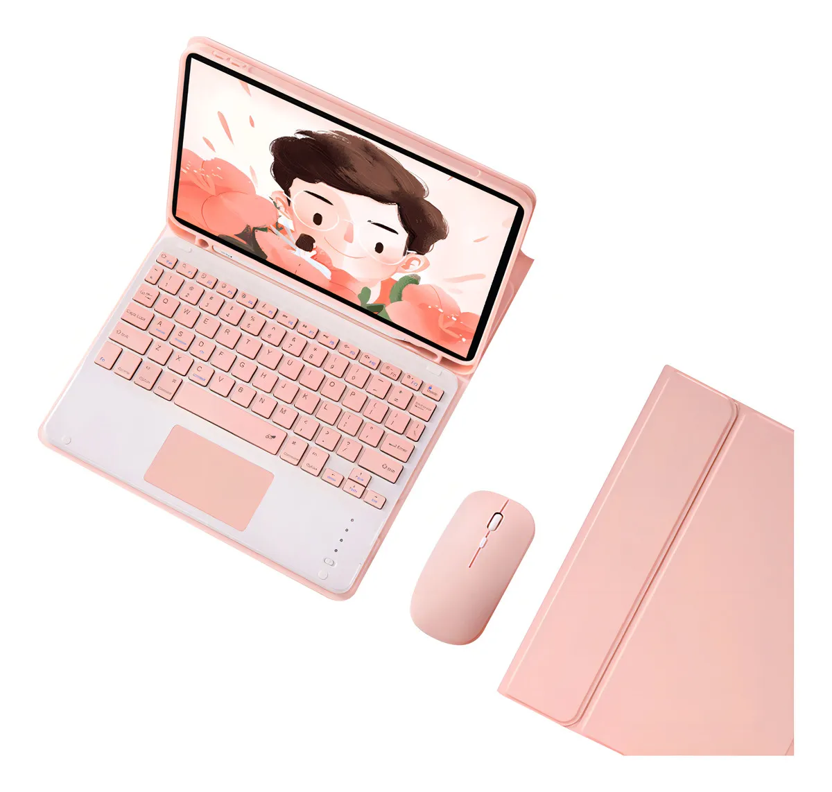 Capa + Teclado Touch + Mouse Para iPad 7ª/8ª/9ª Geração Cor Rosa + Teclado Touchpad + Mouse Bluetooth