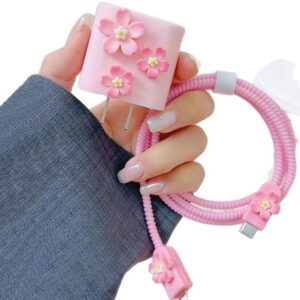 Pink Cherry Blossom for Apple 14 Data Cable Winding Protective Cover 20W Charger Protective Shell Cute DIY Cartoon