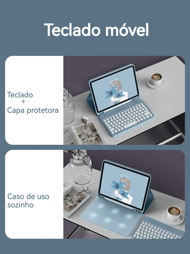 Kit Capa Tablet + Teclado Redondo + Mouse Para iPad 9ª/8ª/7ª - Imagem 3