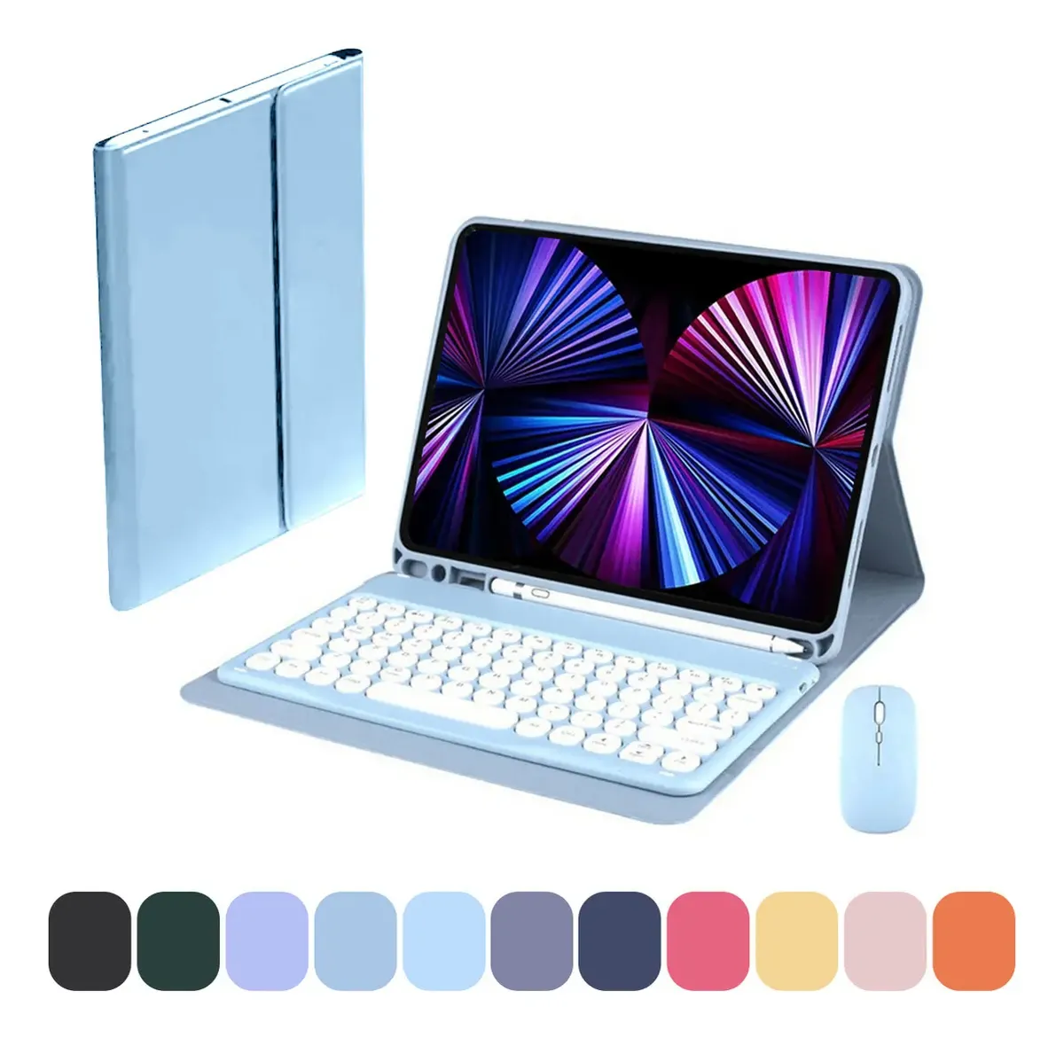 Kit Capa Tablet + Teclado Redondo + Mouse Para iPad 9ª/8ª/7ª